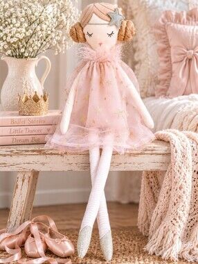 Creative Co-Op Plush Ballerina Doll Pink Gold Stars Designer Nursery Decor 23"